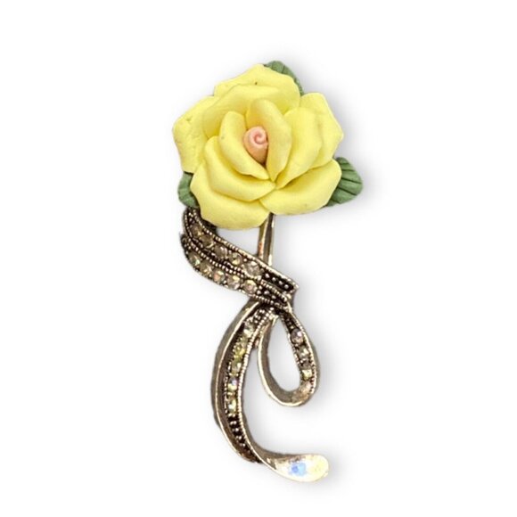 Avon Jewelry - Avon NR Yellow Rose Pin Brooch Rhinestone Accents on Stem Ribbon Bow Vintage